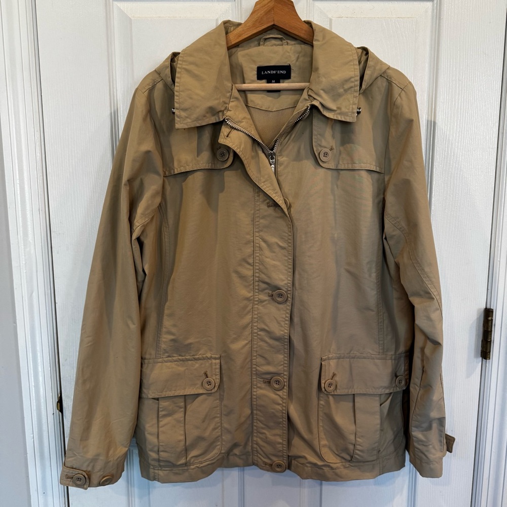 Lands’ End Tan Utility Jacket w/ Removable Hood Size M 10–12 Lightweight Trench